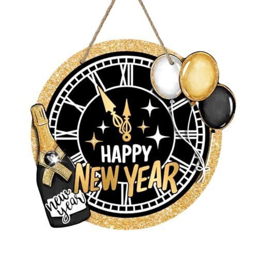 3064 Happy New Year 2026 Front Door Sign, Black Gold Clock Champagne